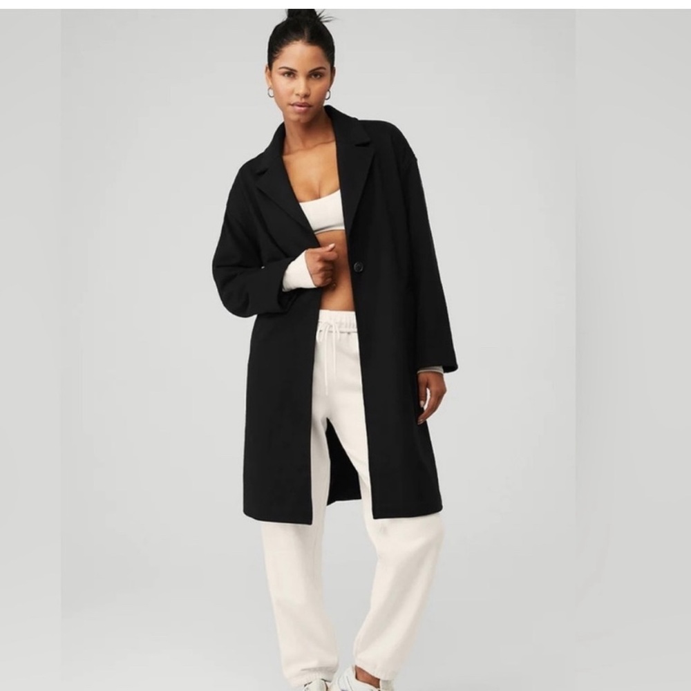 Alo Yoga VIP Blazer Trench Coat Heavyweight Fleece Long Black